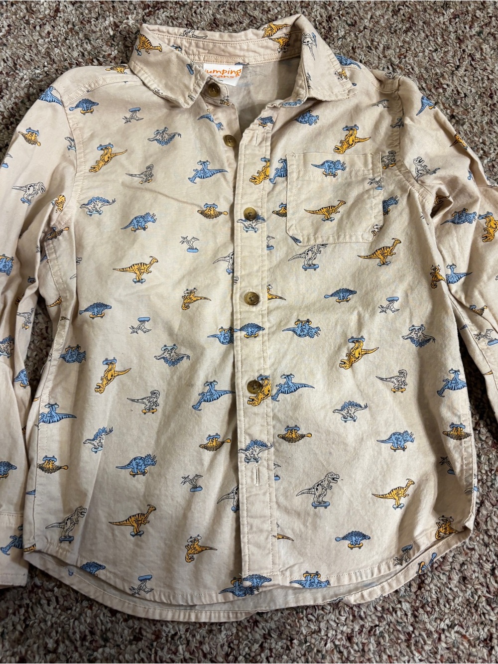Kids Beige Dinosaur Print Button-Front Shirt